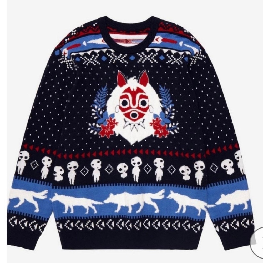 Ghibli Princess Mononoke San Mask Holiday Sweater NWT